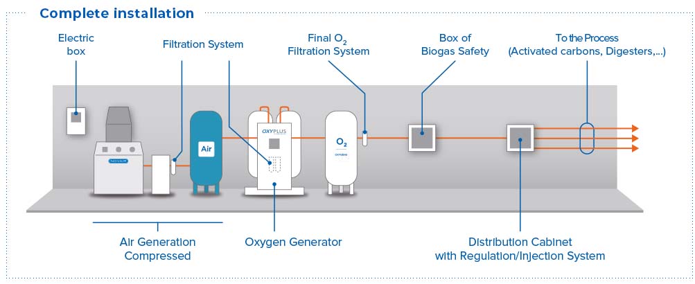 Oxygen production for the desulfurization of biogas